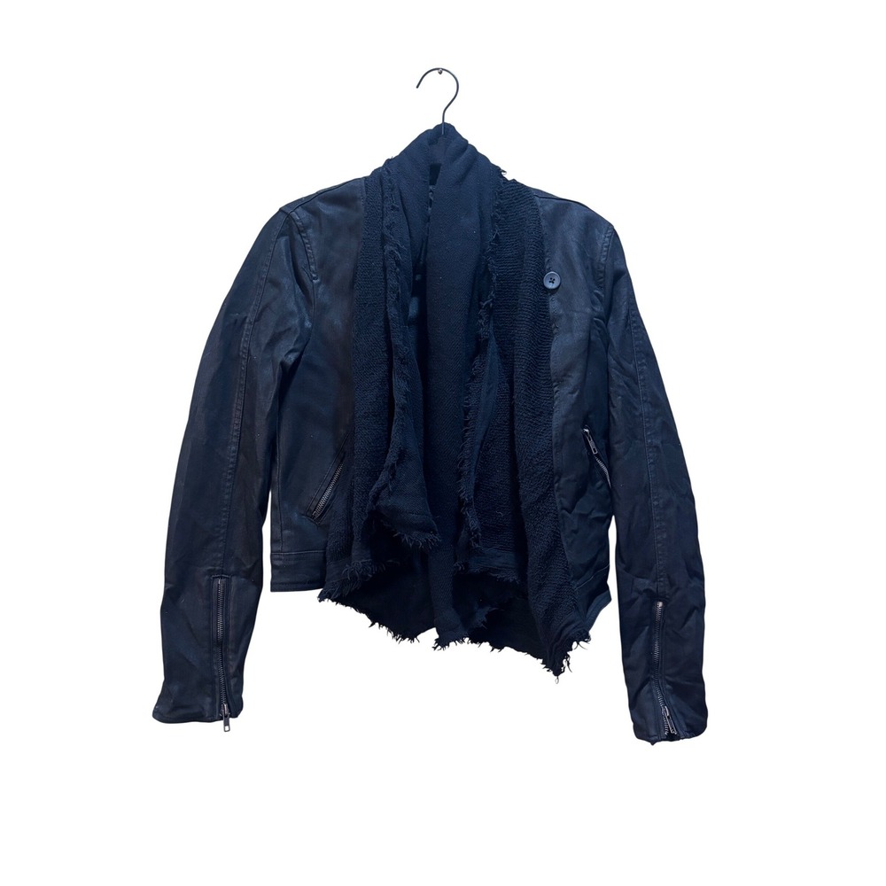 Free People Black Coated Denim Moto‎ Jacket Scarf Front Raw Edge Size 4
